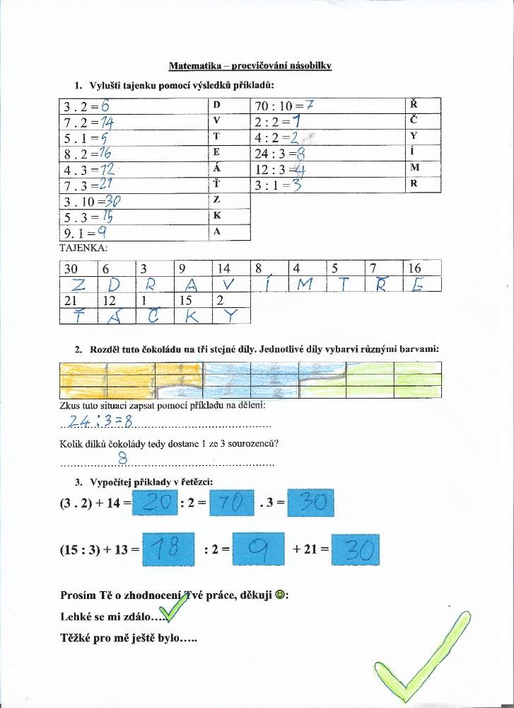 Distanční výuka ve třetí třídě 23. 10. - 11