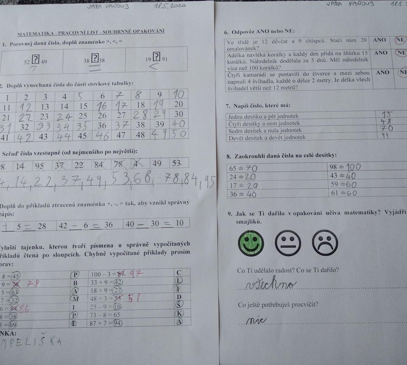 Výstupy druháčků z domácího učení 20. 5. - 7